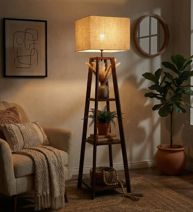 Charlotte Wooden Floor Lamp with Brown Base and Jute Fabric Lampshade