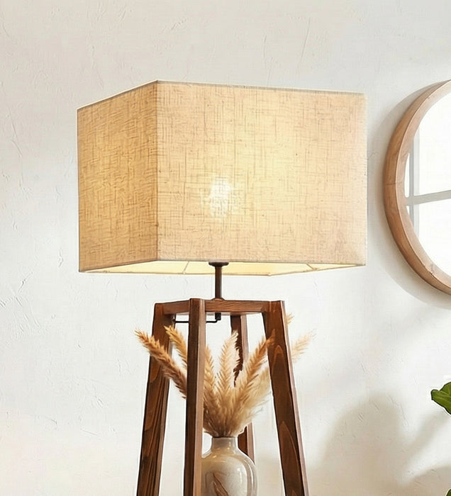 Charlotte Wooden Floor Lamp with Brown Base and Jute Fabric Lampshade