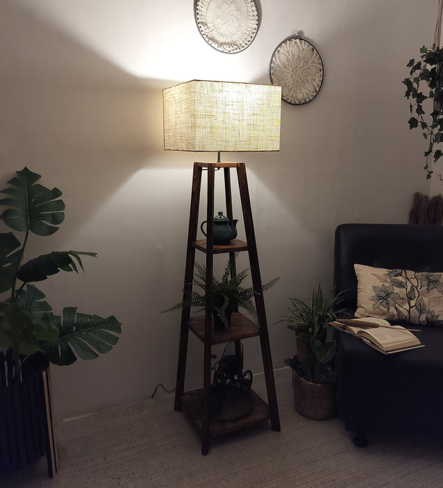 Charlotte Wooden Floor Lamp with Brown Base and Jute Fabric Lampshade