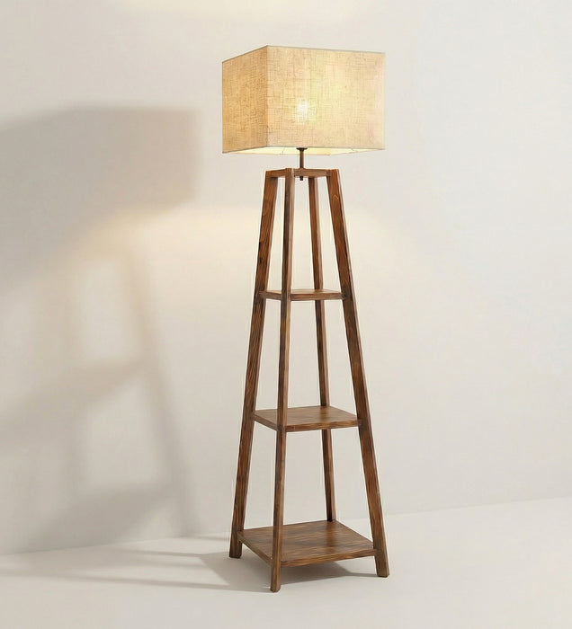 Charlotte Wooden Floor Lamp with Brown Base and Jute Fabric Lampshade