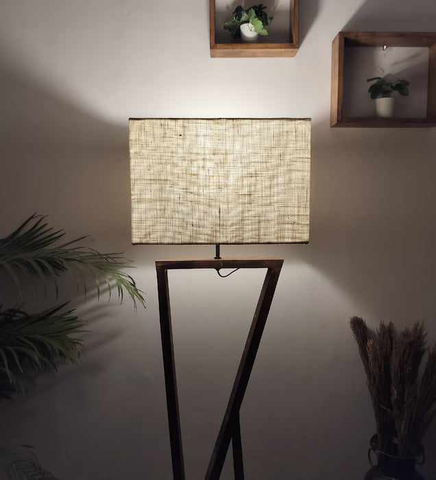 Chloe Wooden Floor Lamp with Brown Base and Jute Fabric Lampshade