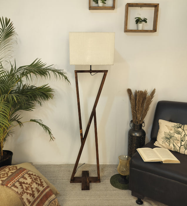 Chloe Wooden Floor Lamp with Brown Base and Jute Fabric Lampshade
