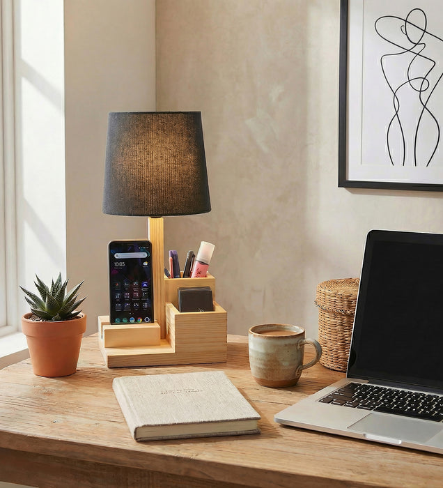 Classic Wooden Table Lamp With Black Fabric Lampshade and Desk Organiser