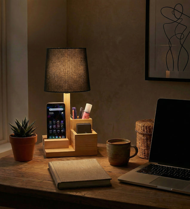 Classic Wooden Table Lamp With Black Fabric Lampshade and Desk Organiser