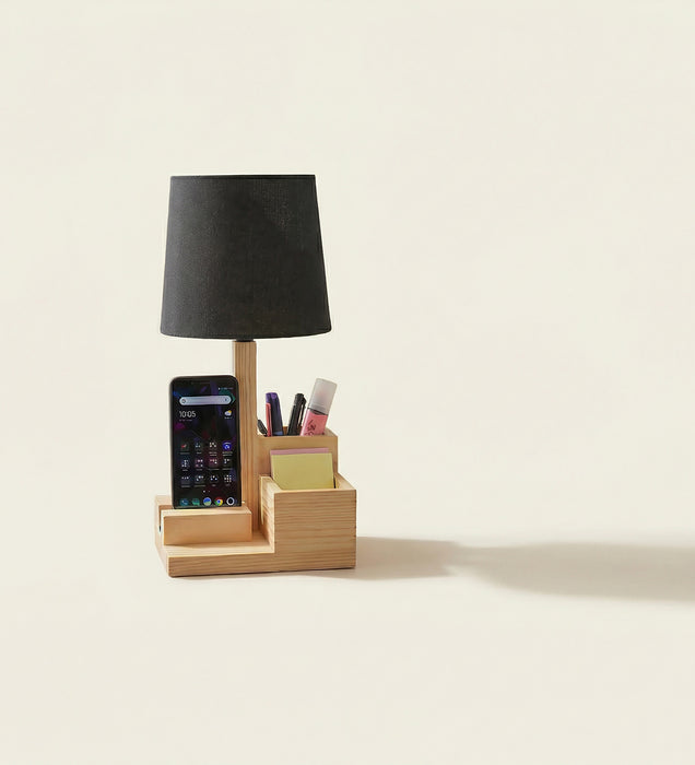 Classic Wooden Table Lamp With Black Fabric Lampshade and Desk Organiser