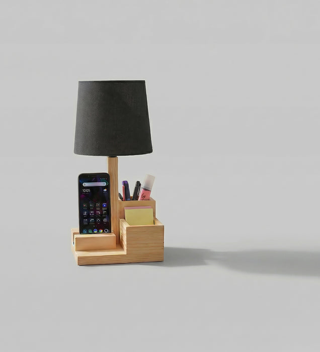 Classic Wooden Table Lamp With Black Fabric Lampshade and Desk Organiser