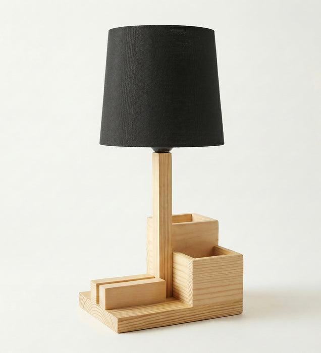 Classic Wooden Table Lamp With Black Fabric Lampshade and Desk Organiser