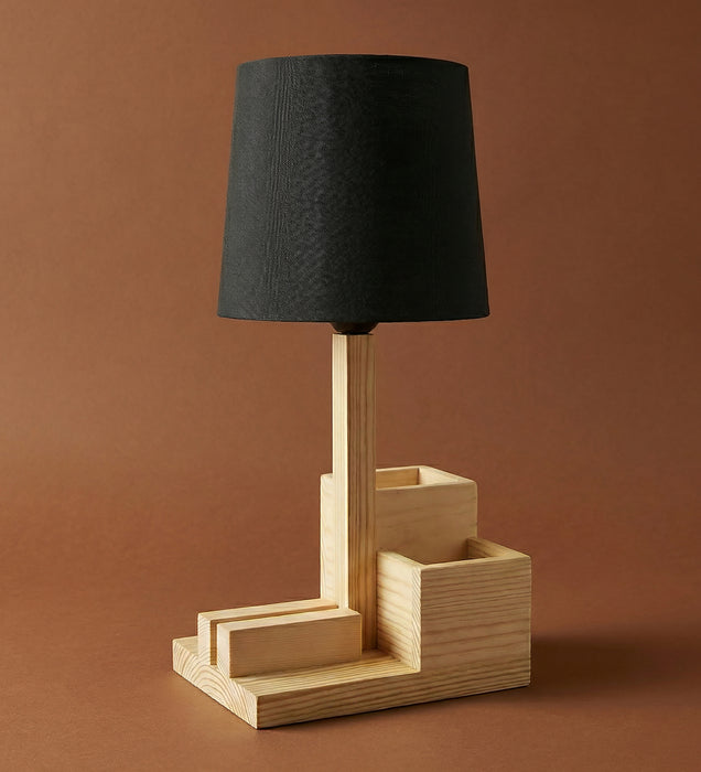 Classic Wooden Table Lamp With Black Fabric Lampshade and Desk Organiser