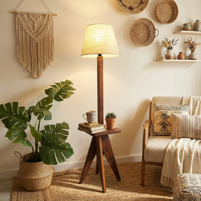Claude Wooden Floor Lamp with Brown Base and Jute Fabric Lampshade