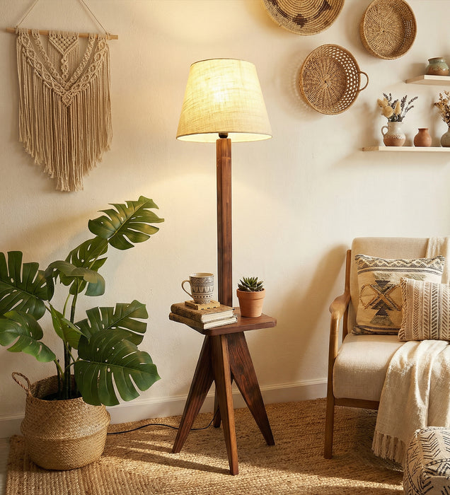 Claude Wooden Floor Lamp with Brown Base and Jute Fabric Lampshade