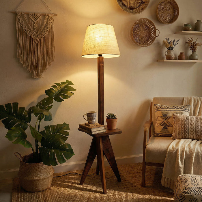 Claude Wooden Floor Lamp with Brown Base and Jute Fabric Lampshade