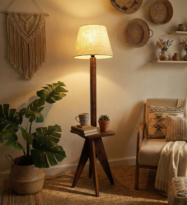 Claude Wooden Floor Lamp with Brown Base and Jute Fabric Lampshade