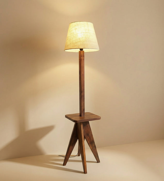 Claude Wooden Floor Lamp with Brown Base and Jute Fabric Lampshade