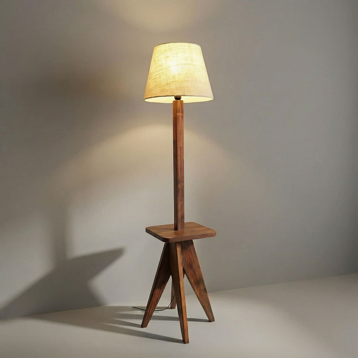 Claude Wooden Floor Lamp with Brown Base and Jute Fabric Lampshade