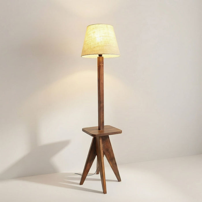 Claude Wooden Floor Lamp with Brown Base and Jute Fabric Lampshade