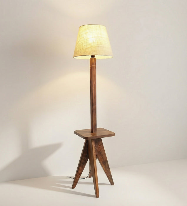 Claude Wooden Floor Lamp with Brown Base and Jute Fabric Lampshade