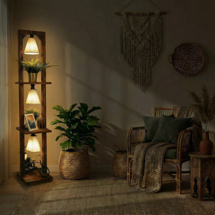 Daffodil Wooden Floor Lamp with Brown Base and Jute Fabric Lampshade