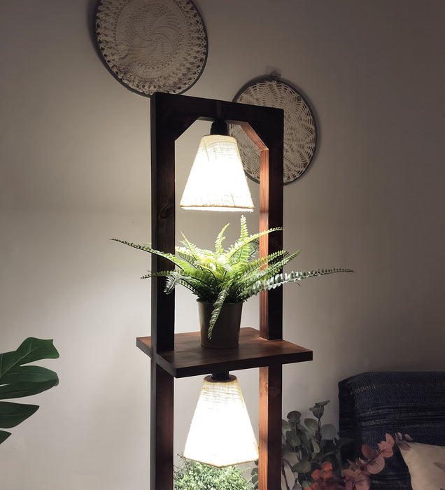 Daffodil Wooden Floor Lamp with Brown Base and Jute Fabric Lampshade
