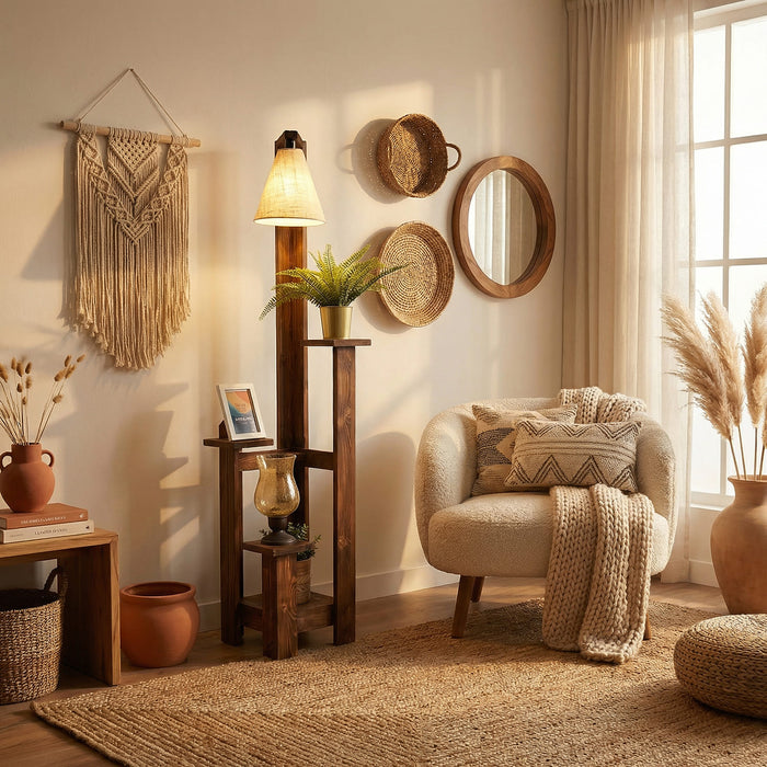 Dorian Wooden Floor Lamp with Brown Base and Jute Fabric Lampshade