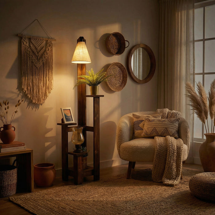 Dorian Wooden Floor Lamp with Brown Base and Jute Fabric Lampshade