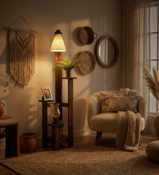 Dorian Wooden Floor Lamp with Brown Base and Jute Fabric Lampshade