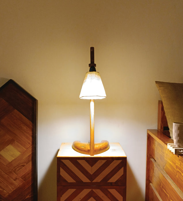Druid Brown Wooden Table Lamp with White Jute Lampshade