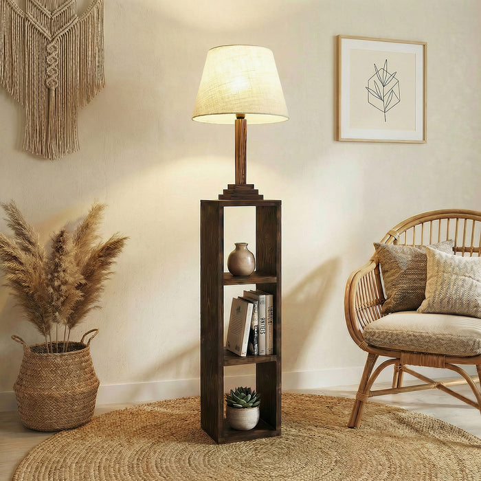 Ebenezer Wooden Floor Lamp with Brown Base and Beige Fabric Lampshade