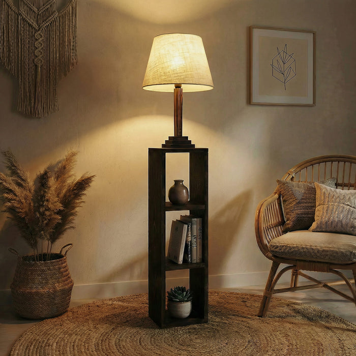 Ebenezer Wooden Floor Lamp with Brown Base and Beige Fabric Lampshade