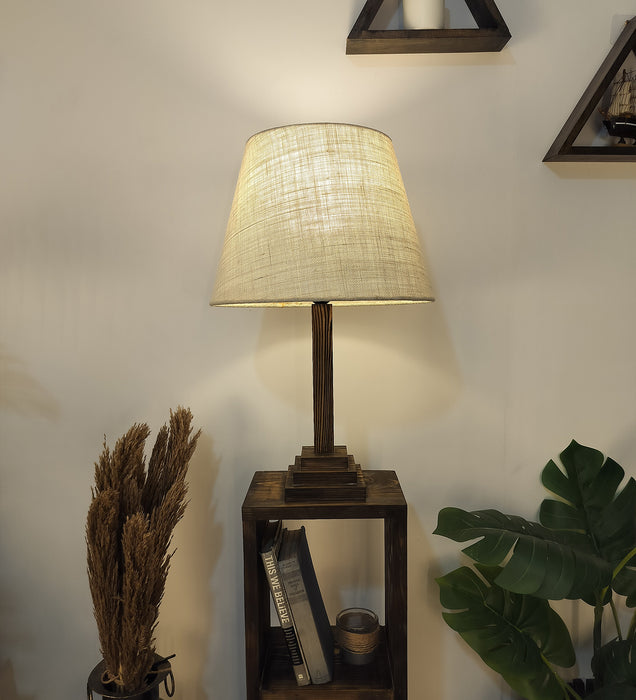 Ebenezer Wooden Floor Lamp with Brown Base and Beige Fabric