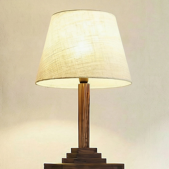 Ebenezer Wooden Floor Lamp with Brown Base and Beige Fabric Lampshade