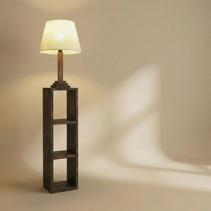 Ebenezer Wooden Floor Lamp with Brown Base and Beige Fabric Lampshade