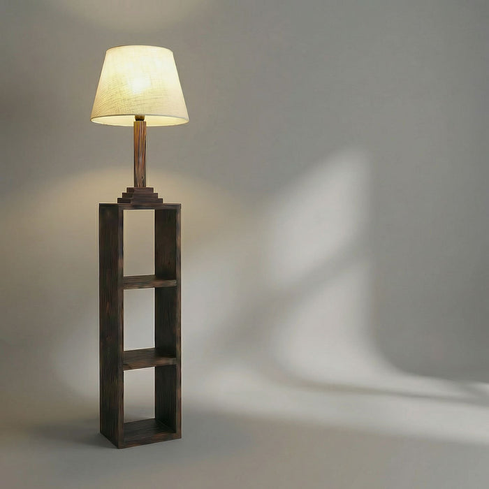 Ebenezer Wooden Floor Lamp with Brown Base and Beige Fabric Lampshade