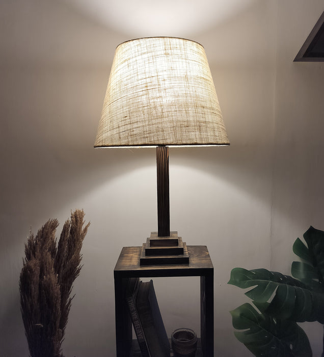 Ebenezer Wooden Floor Lamp with Brown Base and Beige Fabric Lampshade