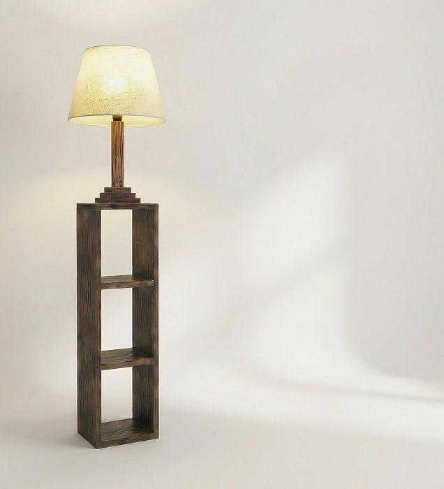 Ebenezer Wooden Floor Lamp with Brown Base and Beige Fabric Lampshade
