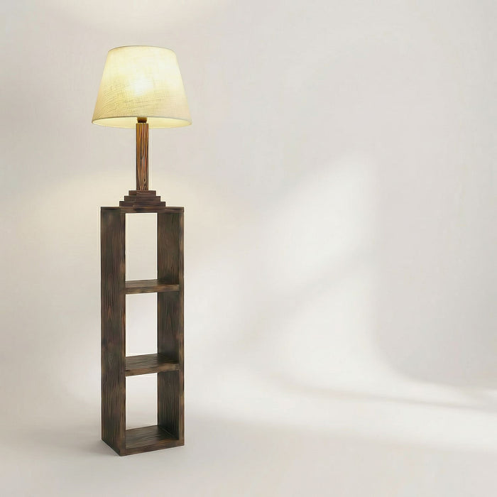 Ebenezer Wooden Floor Lamp with Brown Base and Beige Fabric Lampshade