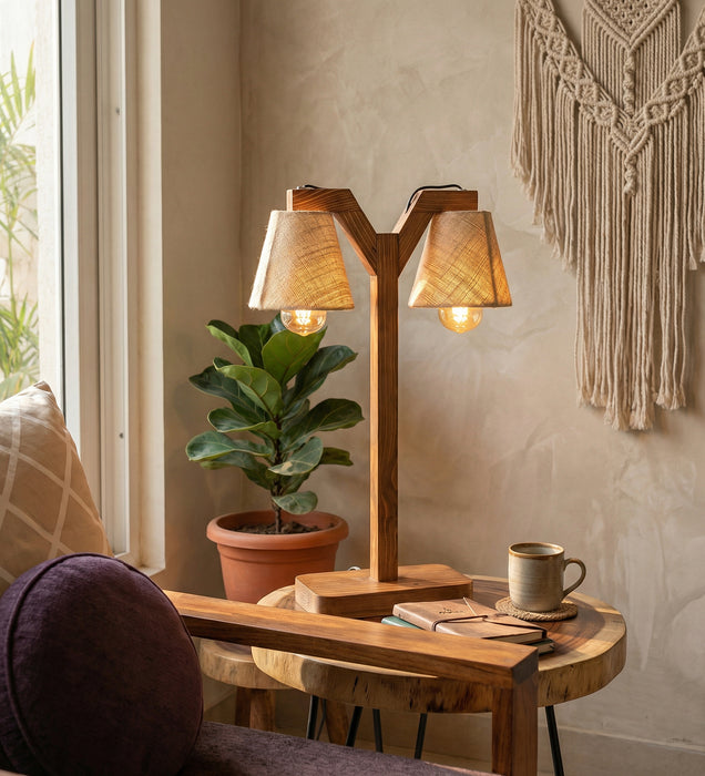 Elania Wooden Table Lamp with Brown Base and White Fabric Lampshade