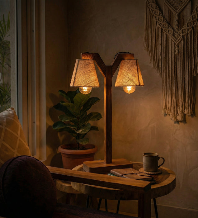 Elania Wooden Table Lamp with Brown Base and White Fabric Lampshade