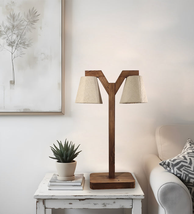 Elania Wooden Table Lamp with Brown Base and White Fabric Lampshade