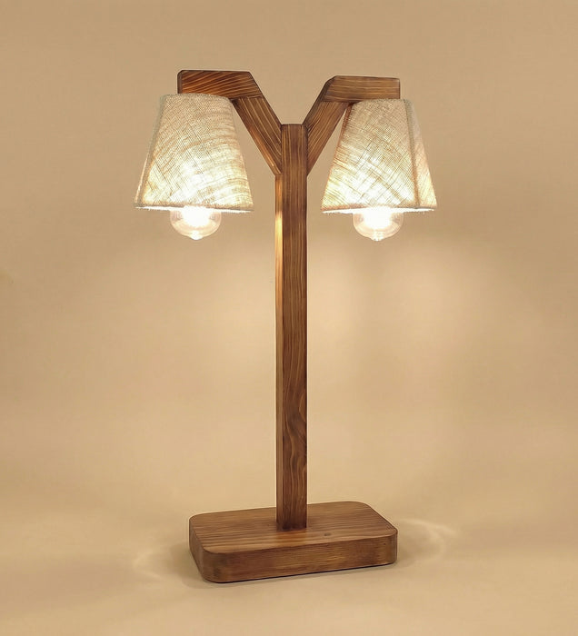 Elania Wooden Table Lamp with Brown Base and White Fabric Lampshade