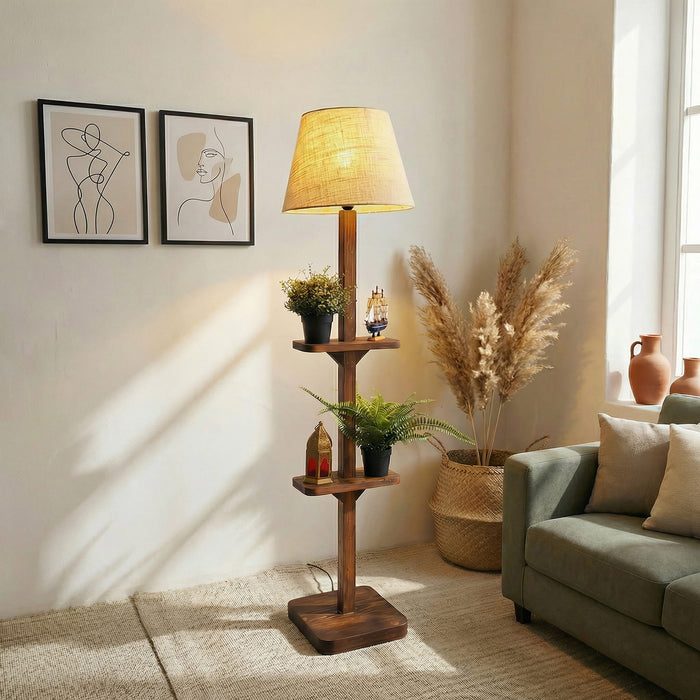 Elania Wooden Floor Lamp with Brown Base and Beige Fabric Lampshade