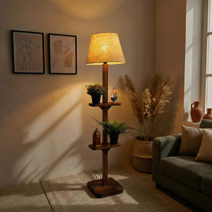 Elania Wooden Floor Lamp with Brown Base and Beige Fabric Lampshade