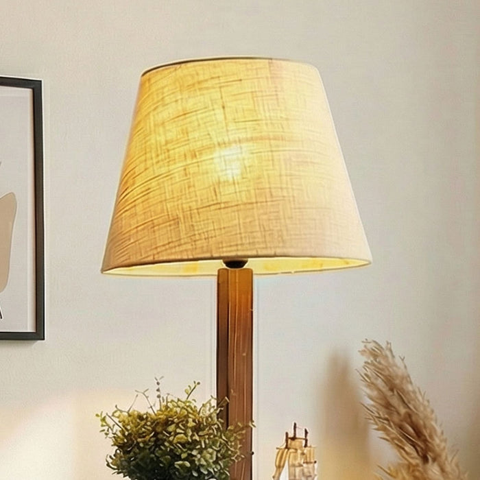Elania Wooden Floor Lamp with Brown Base and Beige Fabric Lampshade