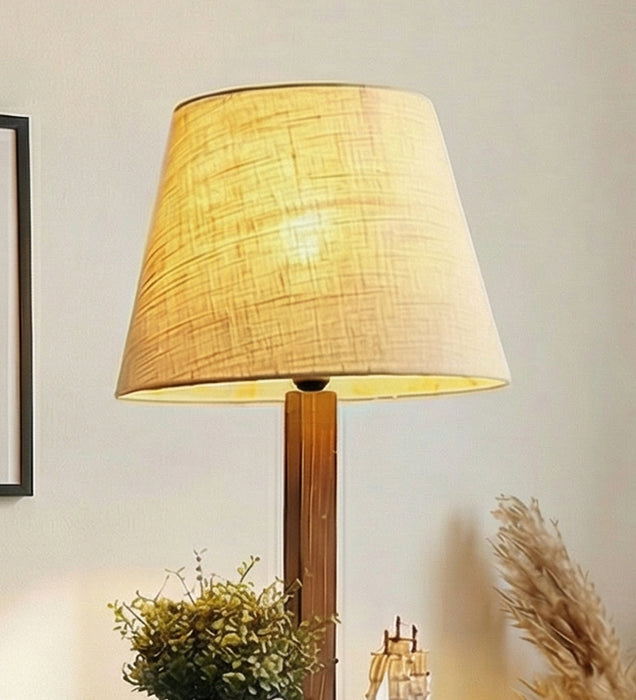 Elania Wooden Floor Lamp with Brown Base and Beige Fabric Lampshade