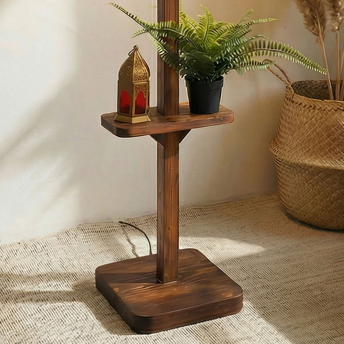 Elania Wooden Floor Lamp with Brown Base and Beige Fabric Lampshade