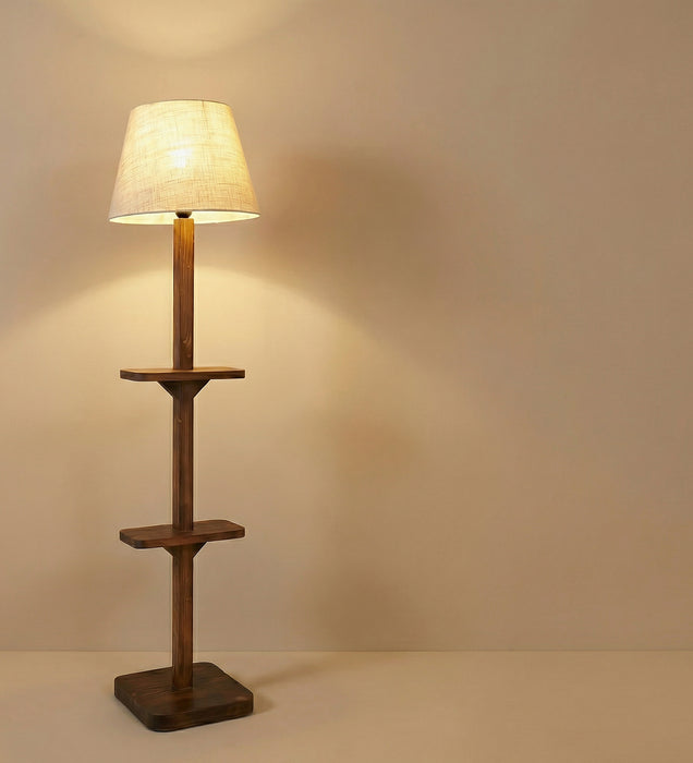 Elania Wooden Floor Lamp with Brown Base and Beige Fabric Lampshade