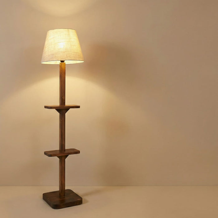 Elania Wooden Floor Lamp with Brown Base and Beige Fabric Lampshade