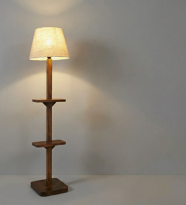 Elania Wooden Floor Lamp with Brown Base and Beige Fabric Lampshade