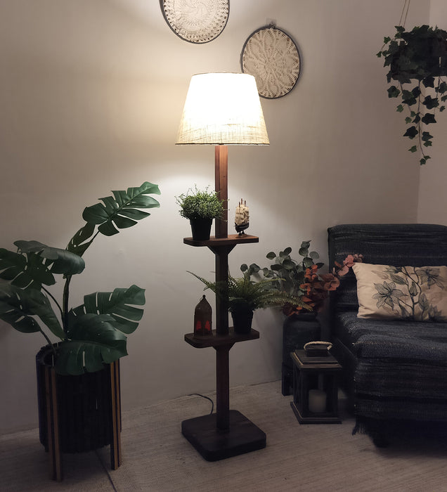 Elania Wooden Floor Lamp with Brown Base and Beige Fabric Lampshade