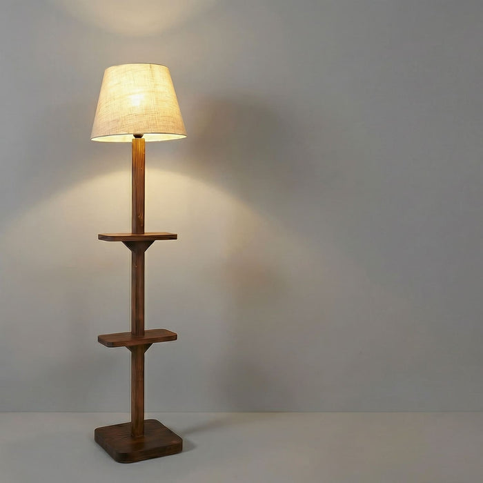 Elania Wooden Floor Lamp with Brown Base and Beige Fabric Lampshade