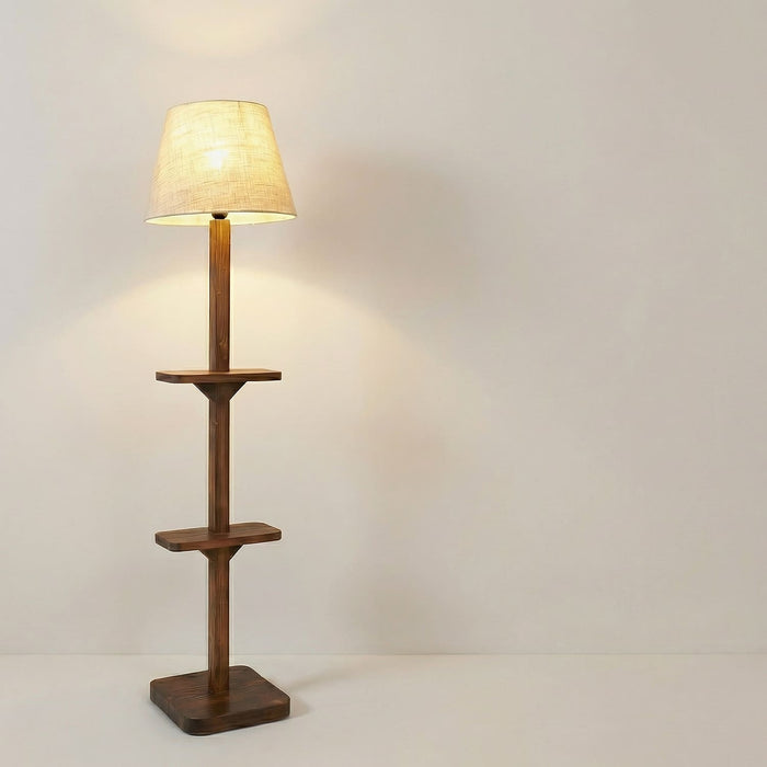 Elania Wooden Floor Lamp with Brown Base and Beige Fabric Lampshade